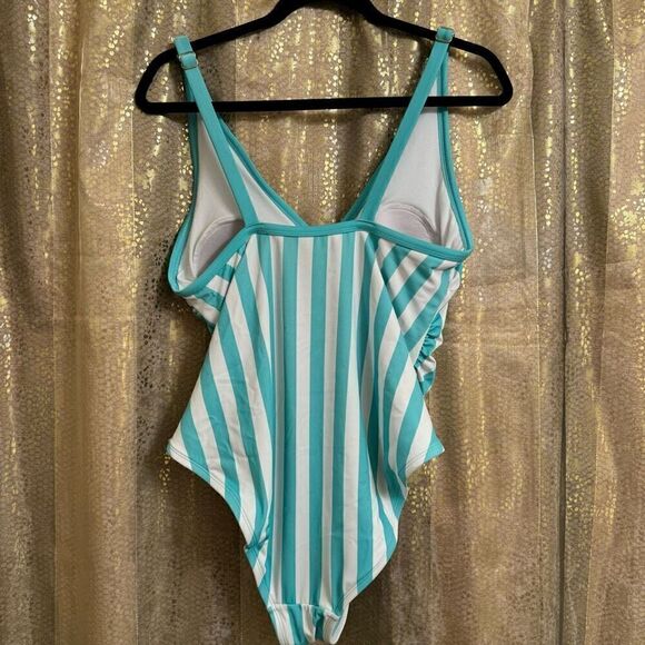 Kona Sol Aqua Teal Striped High Leg One Piece Swim Suit Size 14W - Picture 2 of 8